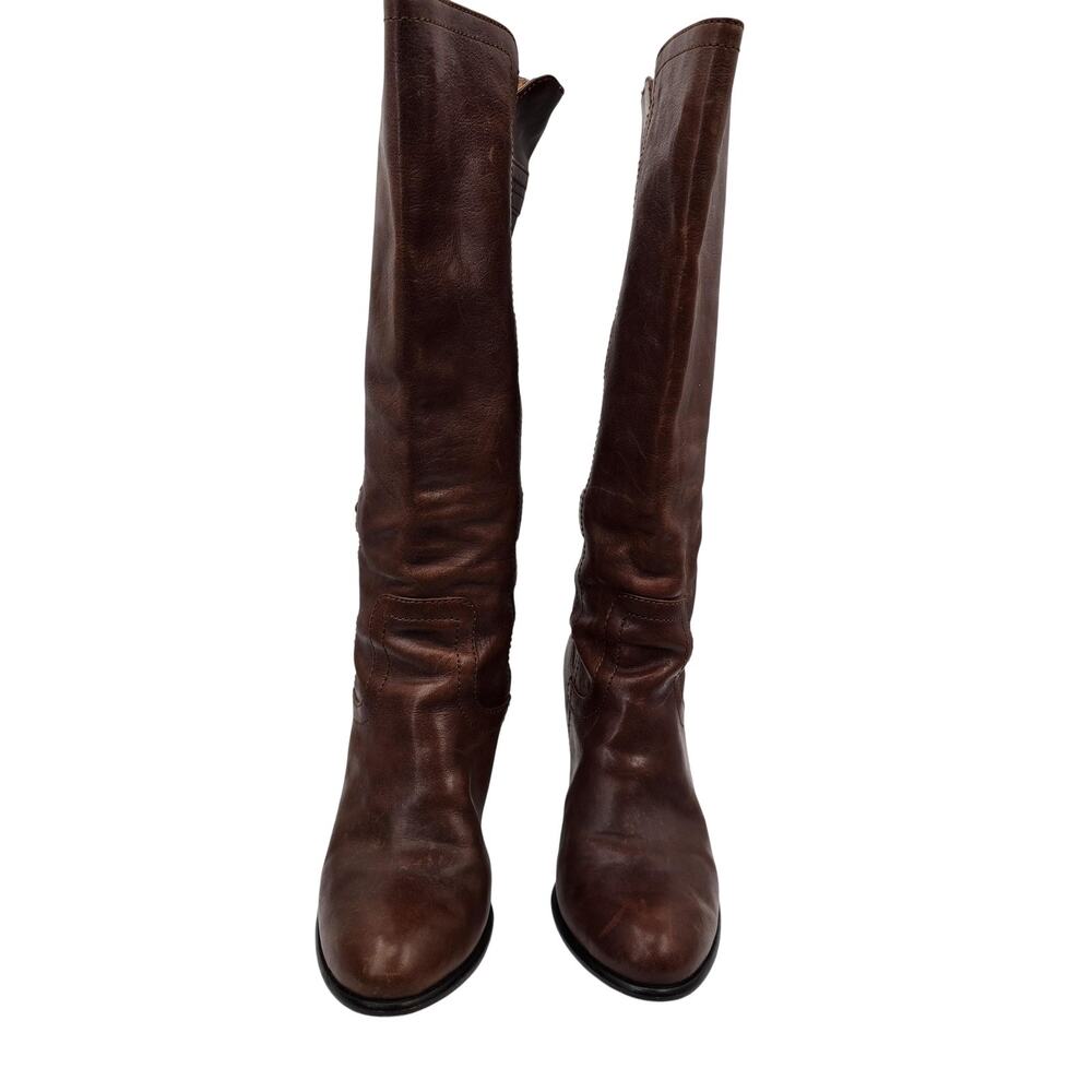 Frye Fiona Knee High Boots Brown Leather Studded Buckle Size 6.5